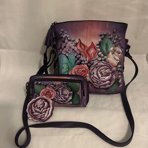 Floral Purple Handbag and Wallet Set
